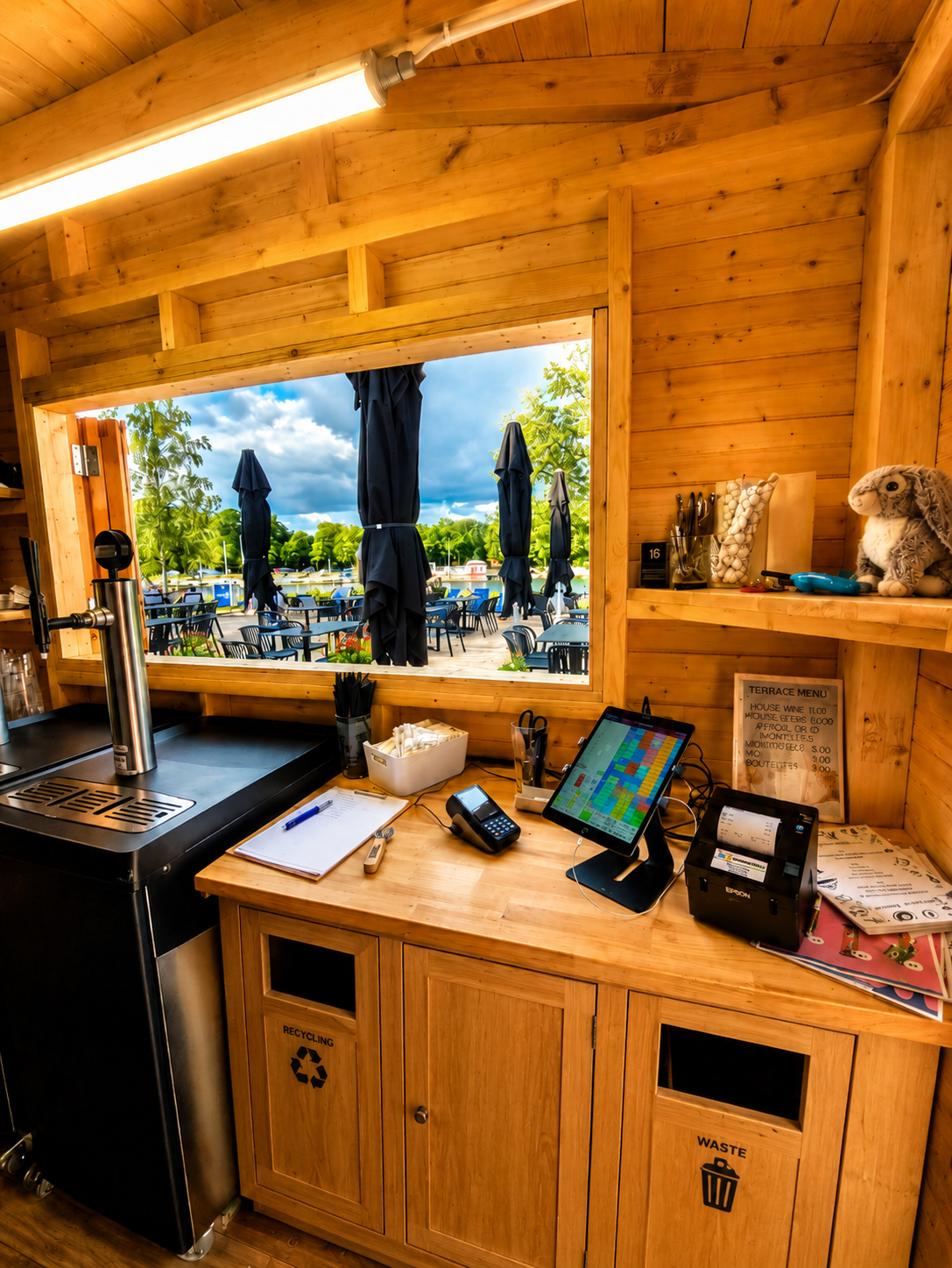 Enhanced service kiosk interior and counter setup